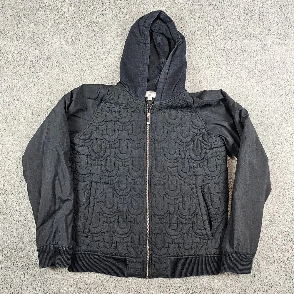 True Religion Hoodie Mens Medium Black Bomber Jacket Full Zip Lined Quilted Logo